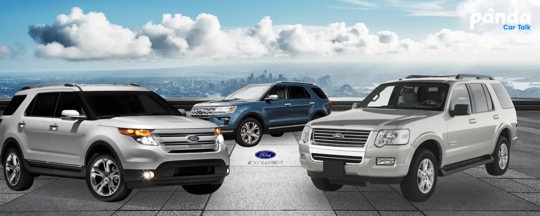 A silver, blue and white Ford Explorer SUVs
